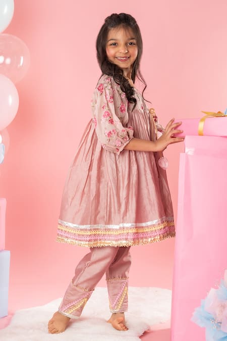 Shop_Kirti Agarwal - Pret N Couture_Brown , Silk, Cotton Lace, Embroidery Roseate Kurti With Pant _Online_at_Aza_Fashions