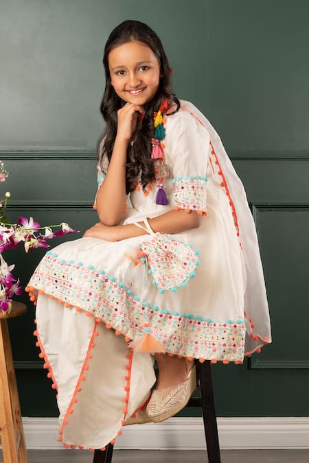 Kirti Agarwal - Pret N Couture_Off White Chanderi, Organza Pom-poms, Embroidery, Work Kurta Dhoti Pant Set _Online_at_Aza_Fashions