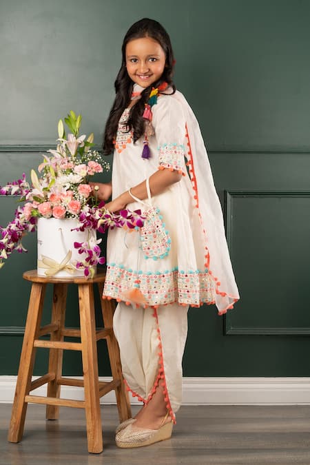 Buy_Kirti Agarwal - Pret N Couture_Off White Chanderi, Organza Pom-poms, Embroidery, Work Kurta Dhoti Pant Set _Online_at_Aza_Fashions
