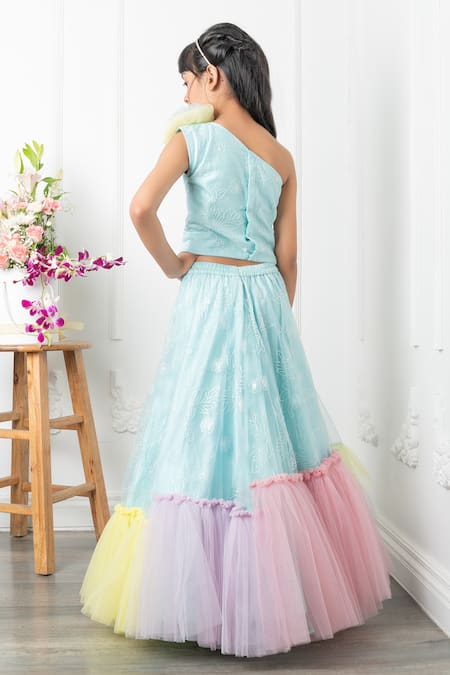 Shop Kirti Agarwal - Pret N Couture Blue Silk, Net, Cotton Embroidery Flora Blossom Ruffled Crop Top Lehenga Set at Aza Fashions Shop_Kirti Agarwal - Pret N Couture_Blue Silk, Net, Cotton Embroidery Flora Blossom Ruffled Crop Top Lehenga Set _at_Aza_Fashions