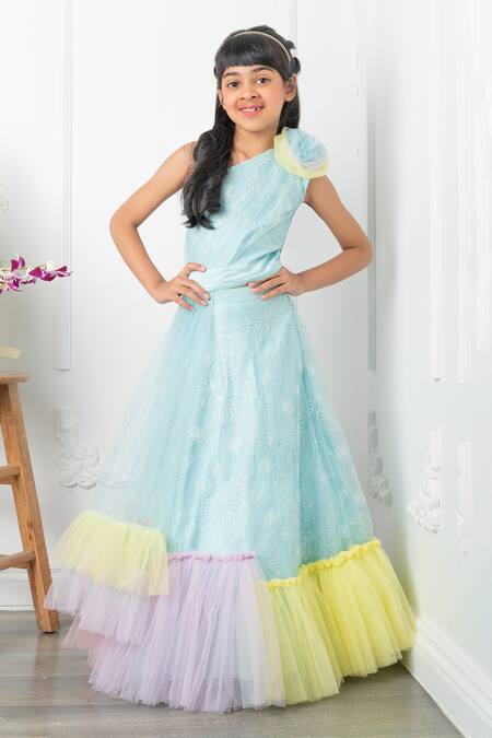 Kirti Agarwal - Pret N Couture Blue Silk, Net, Cotton Embroidery Flora Blossom Ruffled Crop Top Lehenga Set Online at Aza Fashions Kirti Agarwal - Pret N Couture_Blue Silk, Net, Cotton Embroidery Flora Blossom Ruffled Crop Top Lehenga Set _Online_at_Aza_Fashions