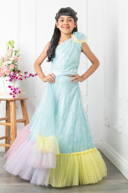 Buy Kirti Agarwal - Pret N Couture Blue Silk, Net, Cotton Embroidery Flora Blossom Ruffled Crop Top Lehenga Set Online at Aza Fashions Buy_Kirti Agarwal - Pret N Couture_Blue Silk, Net, Cotton Embroidery Flora Blossom Ruffled Crop Top Lehenga Set _Online_at_Aza_Fashions