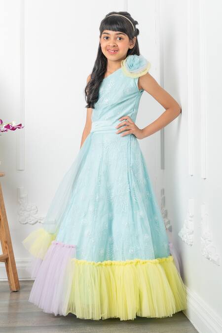 Kirti Agarwal - Pret N Couture Blue Silk, Net, Cotton Embroidery Flora Blossom Ruffled Crop Top Lehenga Set at Aza Fashions Kirti Agarwal - Pret N Couture_Blue Silk, Net, Cotton Embroidery Flora Blossom Ruffled Crop Top Lehenga Set _at_Aza_Fashions