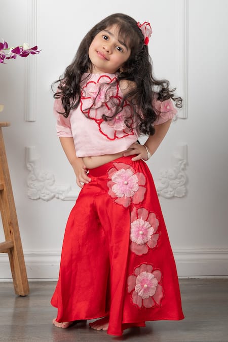 Kirti Agarwal - Pret N Couture_Pink Organza, Cotton Embroidery Floral Blast Crop Top With Pant _Online_at_Aza_Fashions