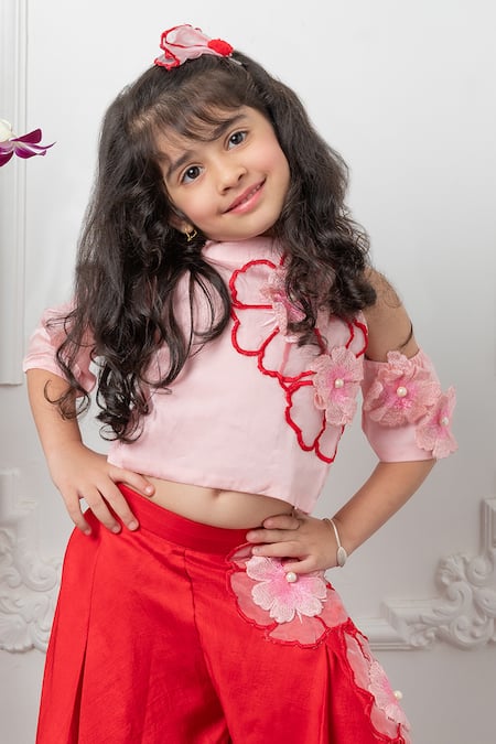 Buy_Kirti Agarwal - Pret N Couture_Pink Organza, Cotton Embroidery Floral Blast Crop Top With Pant _Online_at_Aza_Fashions