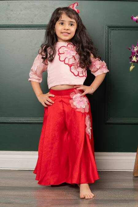 Kirti Agarwal - Pret N Couture_Pink Organza, Cotton Embroidery Floral Blast Crop Top With Pant _at_Aza_Fashions