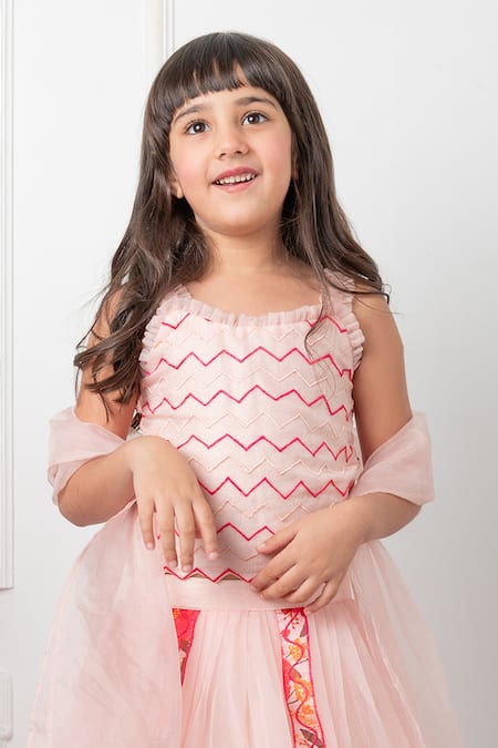 Buy_Kirti Agarwal - Pret N Couture_Pink Organza, Silk, Linen Embroidery Floral Bloom Lehenga Blouse Set _Online_at_Aza_Fashions