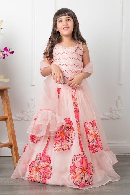Shop_Kirti Agarwal - Pret N Couture_Pink Organza, Silk, Linen Embroidery Floral Bloom Lehenga Blouse Set _Online_at_Aza_Fashions