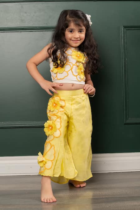 Kirti Agarwal - Pret N Couture_Off White Organza, Satin, Cotton Bloom Blast Embroidered Crop Top With Pant _Online_at_Aza_Fashions