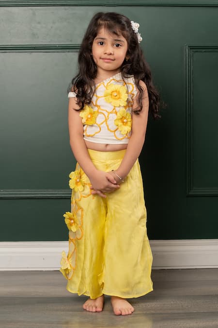 Buy_Kirti Agarwal - Pret N Couture_Off White Organza, Satin, Cotton Bloom Blast Embroidered Crop Top With Pant _Online_at_Aza_Fashions