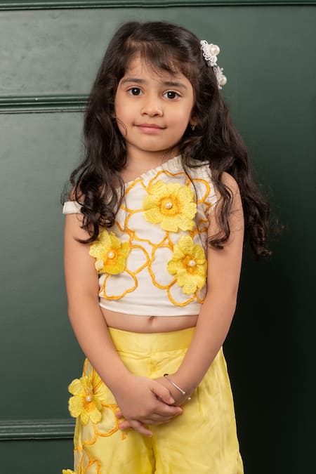 Shop_Kirti Agarwal - Pret N Couture_Off White Organza, Satin, Cotton Bloom Blast Embroidered Crop Top With Pant _Online_at_Aza_Fashions