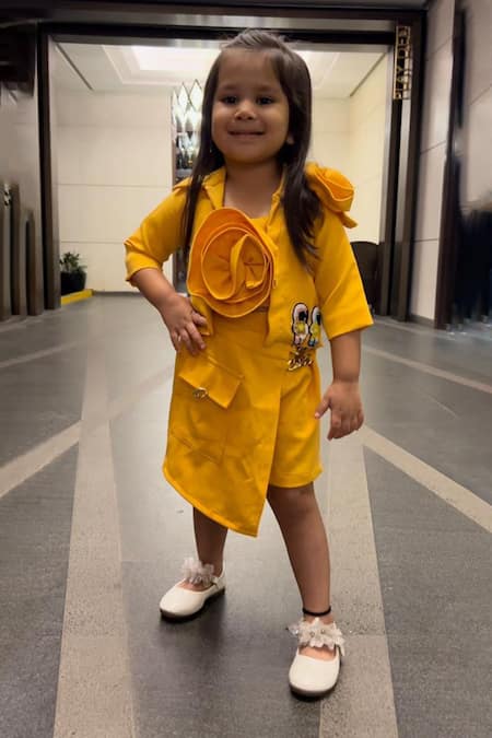 Shop Kirti Agarwal - Pret N Couture Yellow Crepe, Cotton Chains Floral Applique Jacket Skort Set at Aza Fashions Shop_Kirti Agarwal - Pret N Couture_Yellow Crepe, Cotton Chains Floral Applique Jacket Skort Set _at_Aza_Fashions