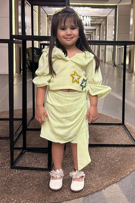 Shop Kirti Agarwal - Pret N Couture Green Georgette, Cotton Cut Placed Embellished Star Pattern Top With Skorts at Aza Fashions Shop_Kirti Agarwal - Pret N Couture_Green Georgette, Cotton Cut Placed Embellished Star Pattern Top With Skorts _at_Aza_Fashions