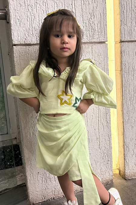 Kirti Agarwal - Pret N Couture Green Georgette, Cotton Cut Placed Embellished Star Pattern Top With Skorts Online at Aza Fashions Kirti Agarwal - Pret N Couture_Green Georgette, Cotton Cut Placed Embellished Star Pattern Top With Skorts _Online_at_Aza_Fashions