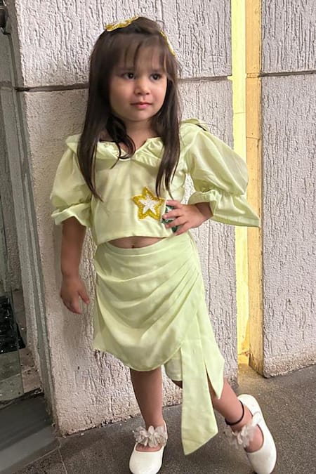 Buy Kirti Agarwal - Pret N Couture Green Georgette, Cotton Cut Placed Embellished Star Pattern Top With Skorts Online at Aza Fashions Buy_Kirti Agarwal - Pret N Couture_Green Georgette, Cotton Cut Placed Embellished Star Pattern Top With Skorts _Online_at_Aza_Fashions