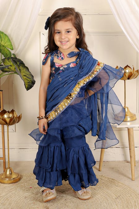 Kirti Agarwal - Pret N Couture Blue Silk, Cotton Cut Work, Sequins Embellished Sharara With Crop Top