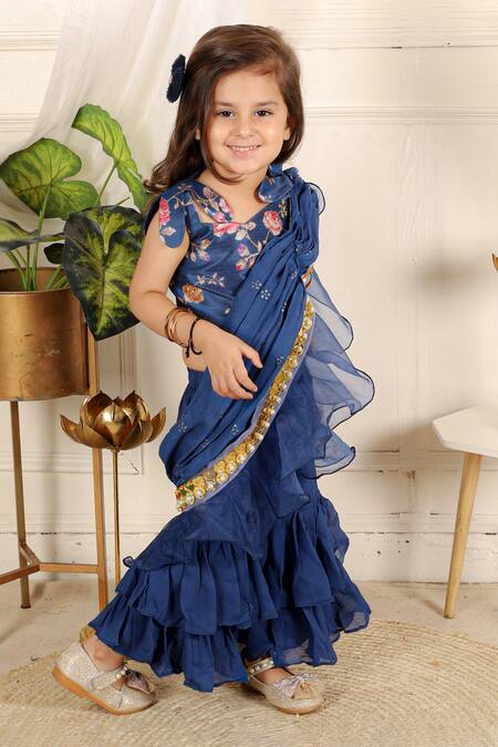 Kirti Agarwal - Pret N Couture_Blue Silk, Cotton Cut Work, Sequins Embellished Sharara With Crop Top _Online_at_Aza_Fashions