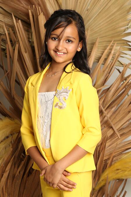 Shop Kirti Agarwal - Pret N Couture Yellow Cotton, Lycra Sequins, Cut Work, Lace Embellished Jacket With Pant Online at Aza Fashions Shop_Kirti Agarwal - Pret N Couture_Yellow Cotton, Lycra Sequins, Cut Work, Lace Embellished Jacket With Pant _Online_at_Aza_Fashions