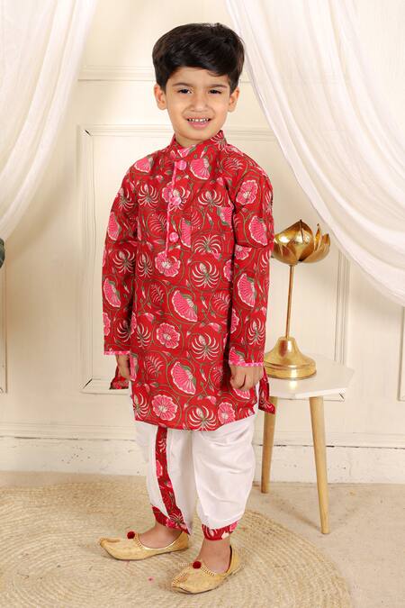 Buy_Kirti Agarwal - Pret N Couture_Red Cotton Floral Print Kurta With Dhoti Pant _Online_at_Aza_Fashions