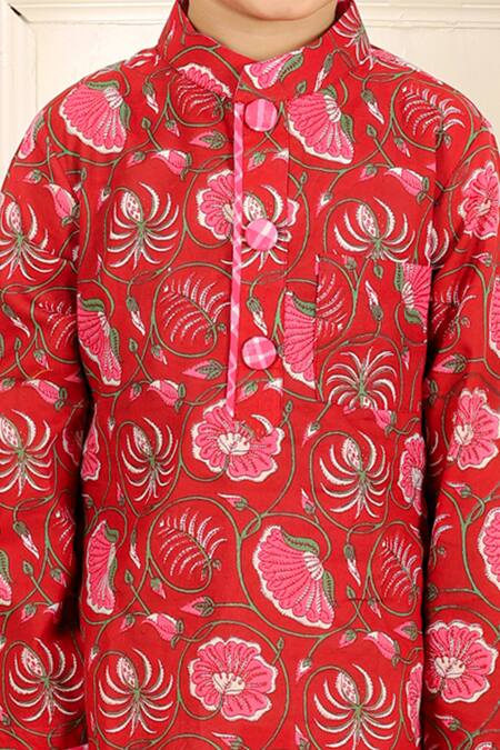 Shop_Kirti Agarwal - Pret N Couture_Red Cotton Floral Print Kurta With Dhoti Pant _Online_at_Aza_Fashions