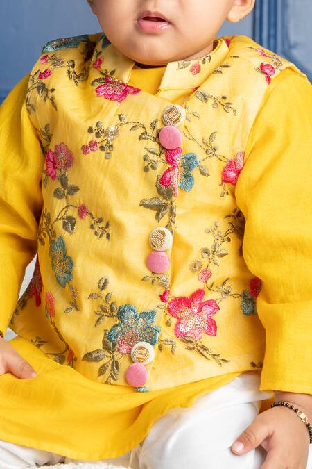 Kirti Agarwal - Pret N Couture Yellow Chanderi, , Satin Embroidery Floral Bundi Kurta Set Online at Aza Fashions Kirti Agarwal - Pret N Couture_Yellow Chanderi, , Satin Embroidery Floral Bundi Kurta Set _Online_at_Aza_Fashions