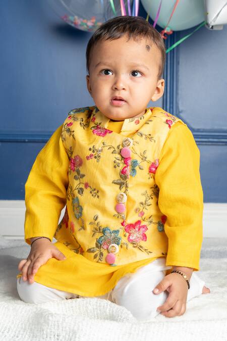 Buy Kirti Agarwal - Pret N Couture Yellow Chanderi, , Satin Embroidery Floral Bundi Kurta Set Online at Aza Fashions Buy_Kirti Agarwal - Pret N Couture_Yellow Chanderi, , Satin Embroidery Floral Bundi Kurta Set _Online_at_Aza_Fashions