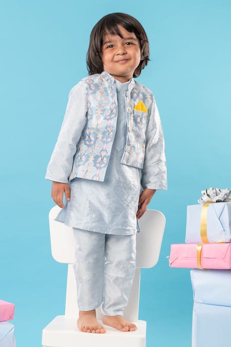 Kirti Agarwal - Pret N Couture Blue Silk, Cotton Embroidery Floral Bundi Kurta Set