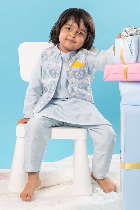 Buy Kirti Agarwal - Pret N Couture Blue Silk, Cotton Embroidery Floral Bundi Kurta Set Online at Aza Fashions Buy_Kirti Agarwal - Pret N Couture_Blue Silk, Cotton Embroidery Floral Bundi Kurta Set _Online_at_Aza_Fashions