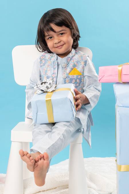 Shop Kirti Agarwal - Pret N Couture Blue Silk, Cotton Embroidery Floral Bundi Kurta Set Online at Aza Fashions Shop_Kirti Agarwal - Pret N Couture_Blue Silk, Cotton Embroidery Floral Bundi Kurta Set _Online_at_Aza_Fashions