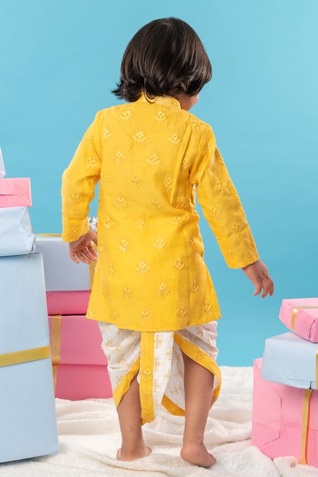 Shop Kirti Agarwal - Pret N Couture Yellow Silk, Cotton, Linen Embroidery Floral Kurta With Dhoti Pant at Aza Fashions Shop_Kirti Agarwal - Pret N Couture_Yellow Silk, Cotton, Linen Embroidery Floral Kurta With Dhoti Pant _at_Aza_Fashions