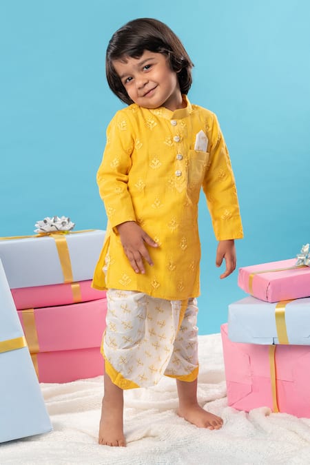 Kirti Agarwal - Pret N Couture Yellow Silk, Cotton, Linen Embroidery Floral Kurta With Dhoti Pant Online at Aza Fashions Kirti Agarwal - Pret N Couture_Yellow Silk, Cotton, Linen Embroidery Floral Kurta With Dhoti Pant _Online_at_Aza_Fashions