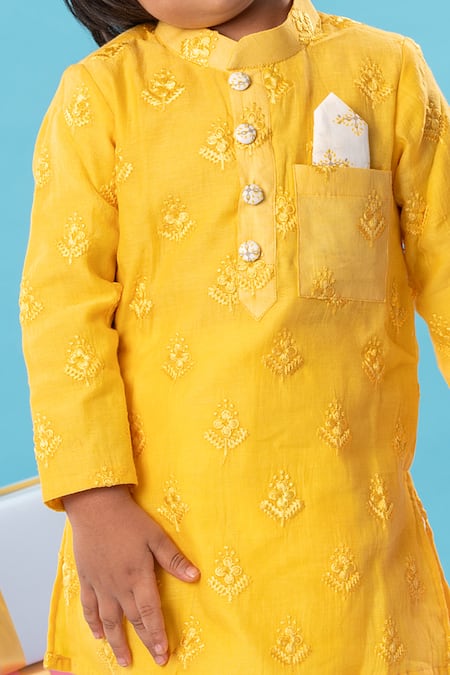 Shop Kirti Agarwal - Pret N Couture Yellow Silk, Cotton, Linen Embroidery Floral Kurta With Dhoti Pant Online at Aza Fashions Shop_Kirti Agarwal - Pret N Couture_Yellow Silk, Cotton, Linen Embroidery Floral Kurta With Dhoti Pant _Online_at_Aza_Fashions