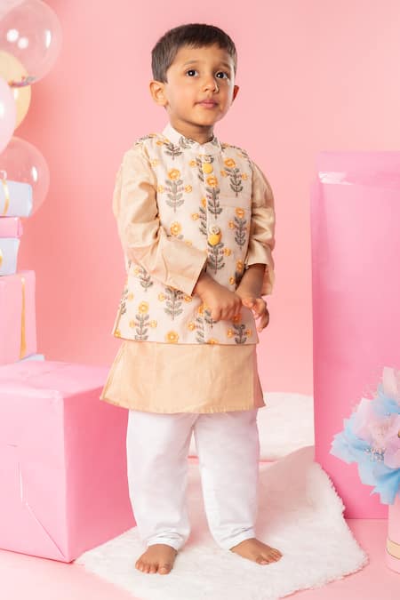 Kirti Agarwal - Pret N Couture Beige Chanderi Silk, , Satin Embroidery Floral Bundi Kurta Set