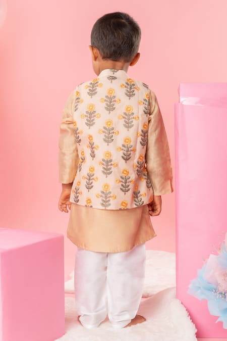 Shop Kirti Agarwal - Pret N Couture Beige Chanderi Silk, , Satin Embroidery Floral Bundi Kurta Set at Aza Fashions Shop_Kirti Agarwal - Pret N Couture_Beige Chanderi Silk, , Satin Embroidery Floral Bundi Kurta Set _at_Aza_Fashions