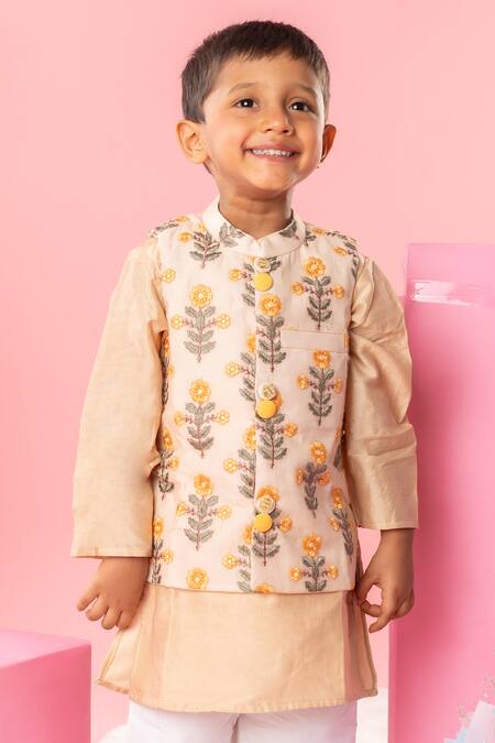 Kirti Agarwal - Pret N Couture Beige Chanderi Silk, , Satin Embroidery Floral Bundi Kurta Set Online at Aza Fashions Kirti Agarwal - Pret N Couture_Beige Chanderi Silk, , Satin Embroidery Floral Bundi Kurta Set _Online_at_Aza_Fashions