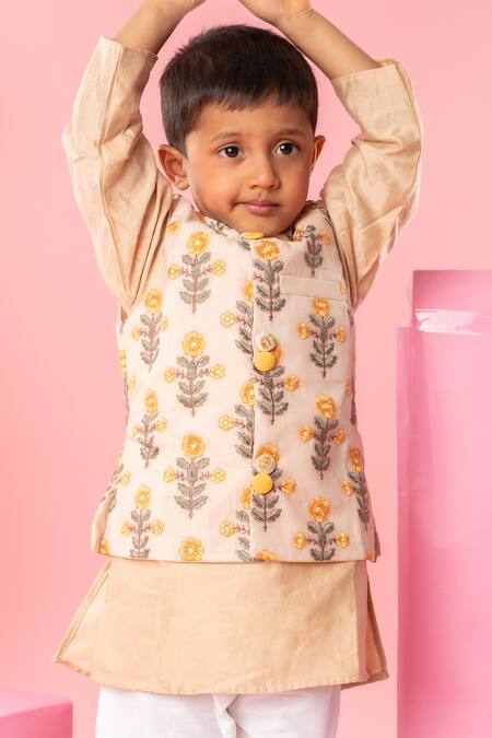 Buy Kirti Agarwal - Pret N Couture Beige Chanderi Silk, , Satin Embroidery Floral Bundi Kurta Set Online at Aza Fashions Buy_Kirti Agarwal - Pret N Couture_Beige Chanderi Silk, , Satin Embroidery Floral Bundi Kurta Set _Online_at_Aza_Fashions