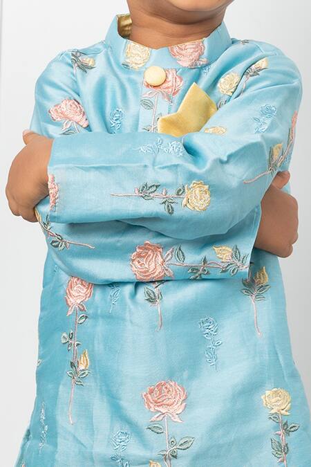 Kirti Agarwal - Pret N Couture_Blue Chanderi, Silk Embroidery Floral Kurta With Dhoti Pant _Online_at_Aza_Fashions