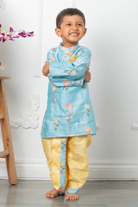 Buy_Kirti Agarwal - Pret N Couture_Blue Chanderi, Silk Embroidery Floral Kurta With Dhoti Pant _Online_at_Aza_Fashions