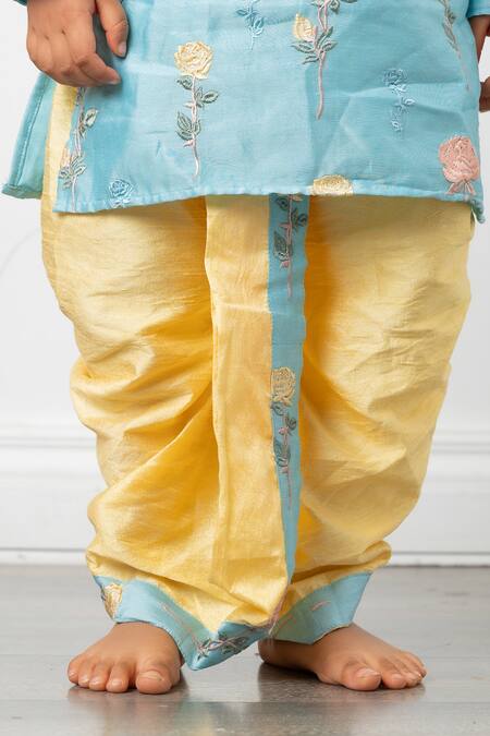 Shop_Kirti Agarwal - Pret N Couture_Blue Chanderi, Silk Embroidery Floral Kurta With Dhoti Pant _Online_at_Aza_Fashions