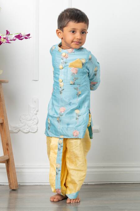 Kirti Agarwal - Pret N Couture_Blue Chanderi, Silk Embroidery Floral Kurta With Dhoti Pant _at_Aza_Fashions