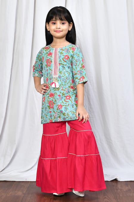 Samyukta Singhania Blue Cotton Printed Floral Short Kurta And Sharara Set 