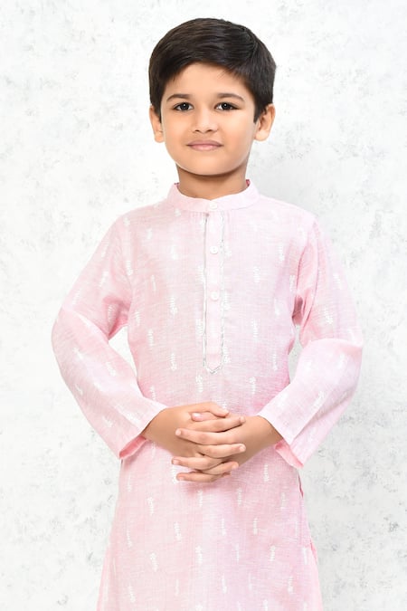 Petite Pomme_Pink Cotton Embroidery Floral Print Kurta And Pant Set _Online_at_Aza_Fashions