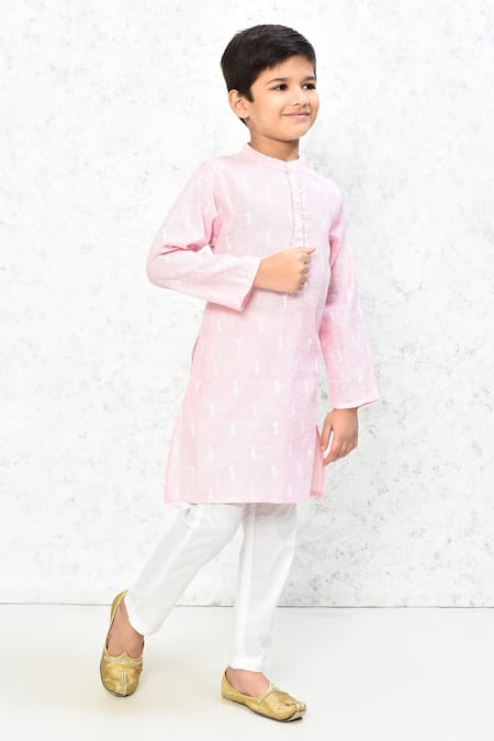 Petite Pomme_Pink Cotton Embroidery Floral Print Kurta And Pant Set _at_Aza_Fashions