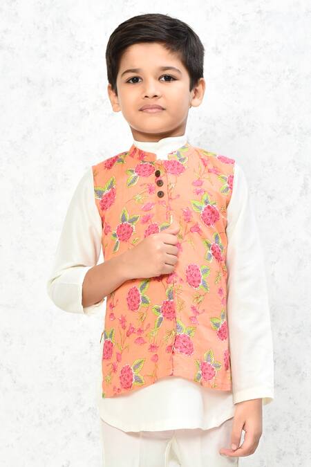 Petite Pomme Peach Cotton Beads Floral Print Jacket Online at Aza Fashions Petite Pomme_Peach Cotton Beads Floral Print Jacket _Online_at_Aza_Fashions