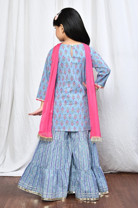 Shop_Petite Pomme_Blue Cotton Embroidery, Gota Patti Printed Kurta And Sharara Set _at_Aza_Fashions