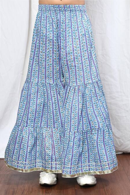 Petite Pomme_Blue Cotton Embroidery, Gota Patti Printed Kurta And Sharara Set _Online_at_Aza_Fashions