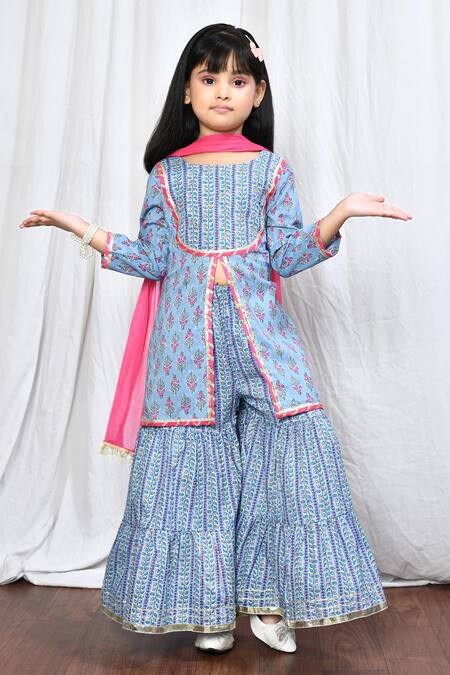 Buy_Petite Pomme_Blue Cotton Embroidery, Gota Patti Printed Kurta And Sharara Set _Online_at_Aza_Fashions