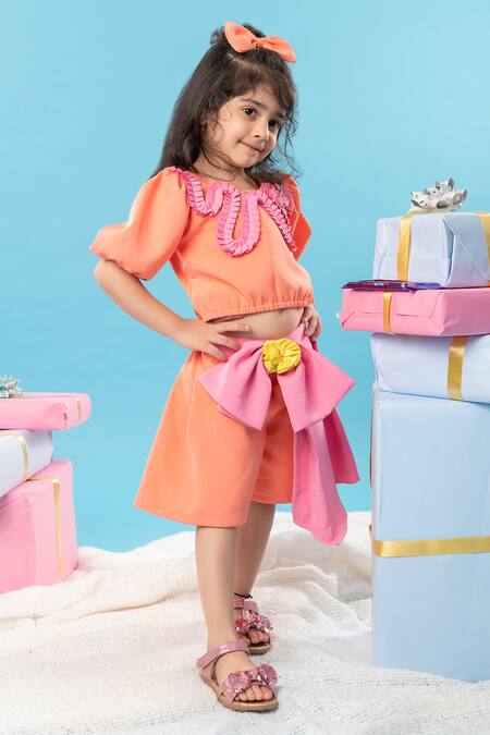 Kirti Agarwal - Pret N Couture_Pink Crepe, Cotton, Polyester Lace Frilly Crop Top With Bow Skirt_Online_at_Aza_Fashions