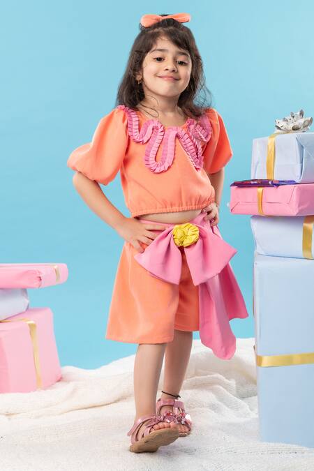 Buy_Kirti Agarwal - Pret N Couture_Pink Crepe, Cotton, Polyester Lace Frilly Crop Top With Bow Skirt_Online_at_Aza_Fashions