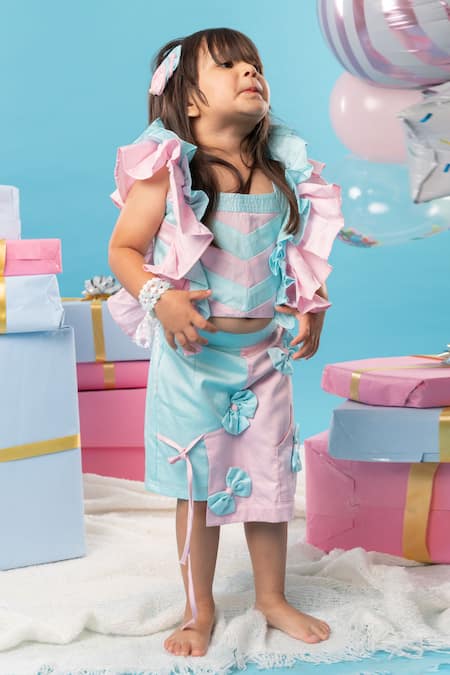 Kirti Agarwal - Pret N Couture Blue Cotton Satin, Linen Bows Frill Sleeves Top With Skort